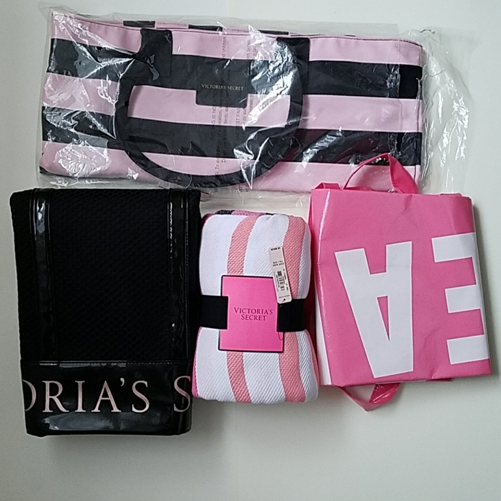 3 pc Victoria's secret bags, pink, 1pc blanket